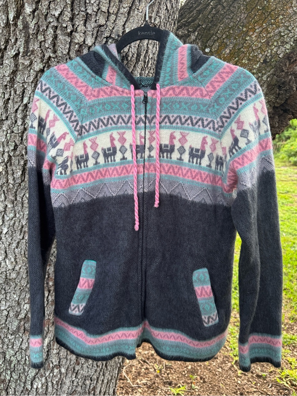 Vtg.100% Alpaca Artesania Teal Pink & Gray Hooded Full Zip Cardigan.Size M